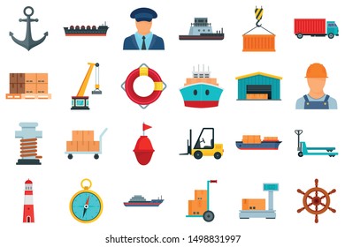 Marine port icons set. Flat set of marine port vector icons for web design