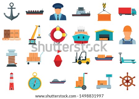 Marine port icons set. Flat set of marine port vector icons for web design