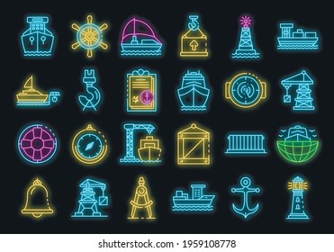 Marine port icons set. Outline set of marine port vector icons neon color on black