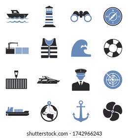 Marine Port Icons. Two Tone Flat Design. Vector Illustration.