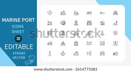  Marine Port Line Icons Set. Dock, Ship, Cargo, Sea, Maritime, Ocean, Water, Shipping, Logistics And More. Outline Vector Icon In Linear Style. Editable Stroke. Vector Illustration.