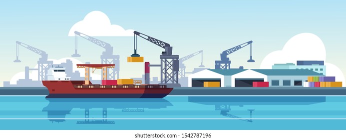 Marine port. Shipping transportation and ocean logistic flat banner, cargo ships and freight vessels. Vector illustration loading by crane maritime freight transportation container in dock