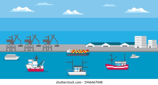 Marine port. Shipping transportation and ocean logistic. Pixel art. Old school computer graphic. 8 bit video game. Game assets 8-bit.