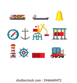 Marine port. Shipping transportation and ocean logistic. Pixel art icon set. Old school computer graphic. 8 bit video game. Game assets 8-bit.