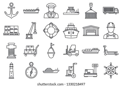 Marine port transport icons set. Outline set of marine port transport vector icons for web design isolated on white background