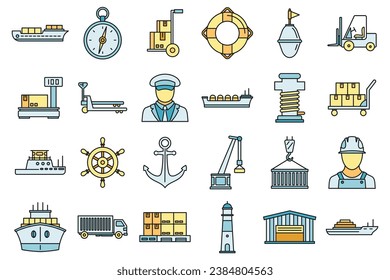 Symbole für den Transport von Seehäfen. Rahmenset für den Transport von Seehafen Vektorsymbole in dünnen Linien auf Weiß