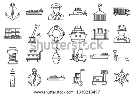 Marine port transport icons set. Outline set of marine port transport vector icons for web design isolated on white background