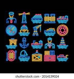 Marine Port Transport neon light sign vector. Glowing bright icon  Port Dock And Harbor, Lighthouse And Anchor, Captain And Sailor, Crane And Ship Illustrations