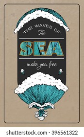 marine poster. hand drawn sea waves decoration. cute cartoon style