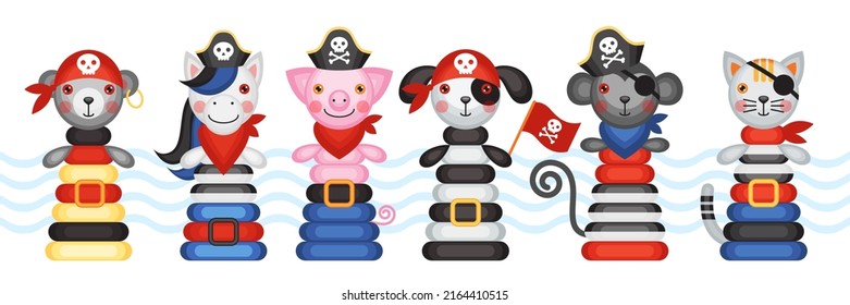 Marine poster. Nautical pirate theme. Children's holiday, kids' party, stickers, games, baby shower, scrapbooking.