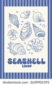 Marine poster, seashell postcard with seashells and seashell lover inscription. Vector printable doodle template, hand drawn, pencil texture