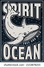 Marine poster with whale in vintage style. Monochrome vector illustration