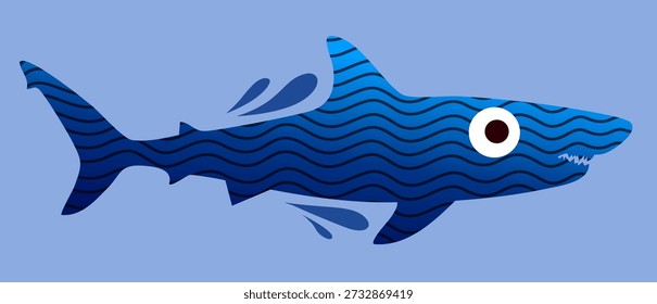 Depredador marino saltando con líneas de onda en el cuerpo sobre fondo azul del océano