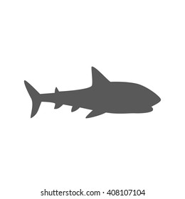 Marine predator shark design flat. Dangerous predator shark with fins and tail and sharp teeth. Aggressive fish creation of nature in black color living in the ocean or the sea. Vector illustration