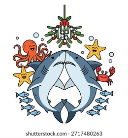 Marine predators expressing affection. Undersea creatures under winter plant. Aquatic life vector artwork.