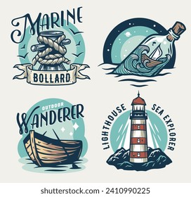 Marine print set with lighthouse at mountain. Bollard, boat and bottle. Colored t-shirt nautical apparel design