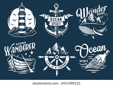 Marine print set with lighthouse at mountain. Helm and whale and bottle. Monochrome t-shirt nautical apparel design