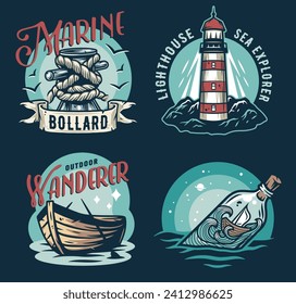 Marine print set with lighthouse at mountain. Bollard, boat and bottle. Mono t-shirt nautical apparel design