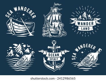 Marine print set with sea ship or boat. Anchor, mountain and bottle. Monochrome t-shirt nautical apparel design