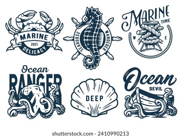 Marine print set with seahorse and boat. Octopus, helm and crab. Monochrome t-shirt nautical apparel design