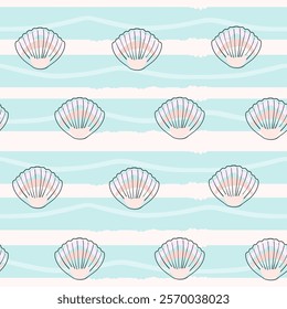 Marine print, shells, sand, pearls, scallop, coastal nature seamless pattern, ocean waves, underwater world. Vector illustration, pastel colors.