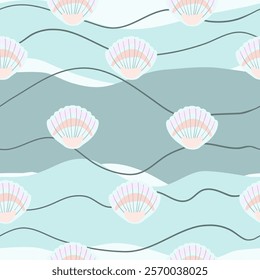 Marine print, shells, sand, pearls, scallop, coastal nature seamless pattern, ocean waves, underwater world. Vector illustration, pastel colors.