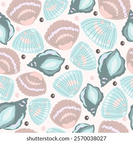 Marine print, shells, sand, pearls, scallop, coastal nature seamless pattern, ocean waves, underwater world. Vector illustration, pastel colors.