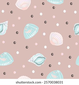 Marine print, shells, sand, pearls, scallop, coastal nature seamless pattern, ocean waves, underwater world. Vector illustration, pastel colors.