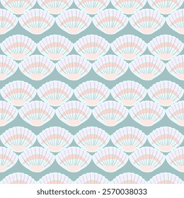 Marine print, shells, sand, pearls, scallop, coastal nature seamless pattern, ocean waves, underwater world. Vector illustration, pastel colors.