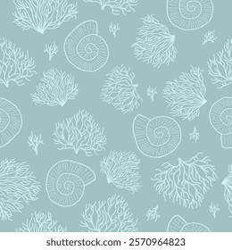 Marine print, shells, sand, pearls, scallop, coastal nature seamless pattern, ocean waves, underwater world. Vector illustration, pastel colors.