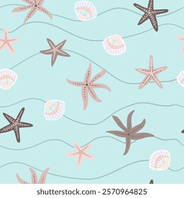 Marine print, shells, sand, pearls, scallop, coastal nature seamless pattern, ocean waves, underwater world. Vector illustration, pastel colors.