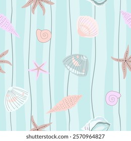 Marine print, shells, sand, pearls, scallop, coastal nature seamless pattern, ocean waves, underwater world. Vector illustration, pastel colors.