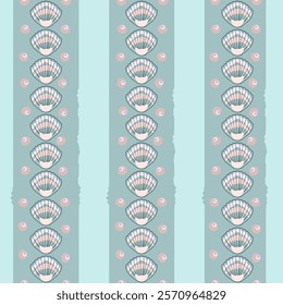 Marine print, shells, sand, pearls, scallop, coastal nature seamless pattern, ocean waves, underwater world. Vector illustration, pastel colors.