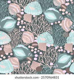 Marine print, shells, sand, pearls, scallop, coastal nature seamless pattern, ocean waves, underwater world. Vector illustration, pastel colors.