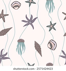 Marine print, shells, sand, pearls, scallop, coastal nature seamless pattern, ocean waves, underwater world. Vector illustration, pastel colors.