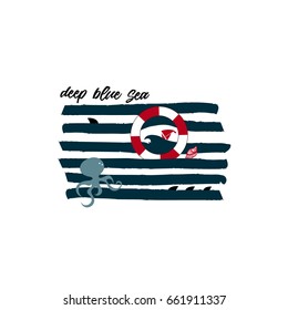 Marine print. Vector ship, waves, strip, octopus, shark.