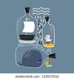 Marine print with whale, boat, seagull in bottles