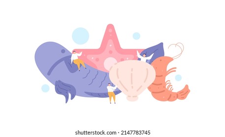 marine products. people celebrate feasts and enjoy abundant seafood. harvest from the sea. starfish, fish, shrimp, shellfish. flat cartoon illustration. vector concept design. can be used for website