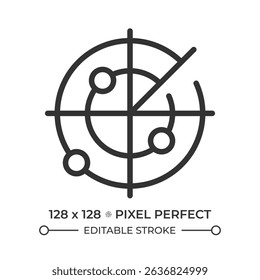 Marine radar pixel perfect line icon. Equipment detecting ships and land hazards. Collision avoidance. Isolated vector illustration. Outline symbol. Simple linear drawing. Editable stroke