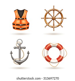 Marine realistic icons set with anchor life buoy life jacket and helm isolated vector illustration 