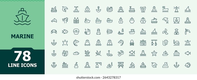 Marine related icon set. Minimal icons pack. Contain linear symbols sea, transportation, maritime, ship, vessel, nautical, shipping. Editable stroke. Pixel Perfect. Ship icon collection.