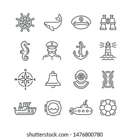 Marine Related Icons: Thin Vector Icon Set, Black And White Kit