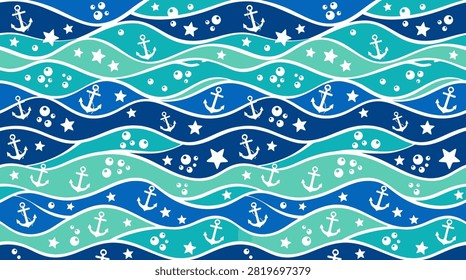 Marine repeat background featuring anchors and stars on flowing water. Ideal for summer textiles and oceanic decor.