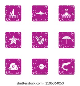 Marine reserve icons set. Grunge set of 9 marine reserve vector icons for web isolated on white background
