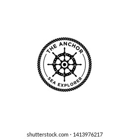 marine retro emblems logo with anchor rope and ship wheel, anchor logo - vector