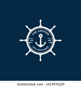 marine retro emblems logo with anchor and ship wheel, anchor logo - vector