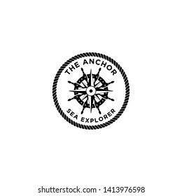 marine retro emblems logo with anchor rope, ship wheel and sailor compass, anchor logo - vector