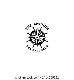 marine retro emblems logo with anchor rope, ship wheel and sailor compass, anchor logo - vector