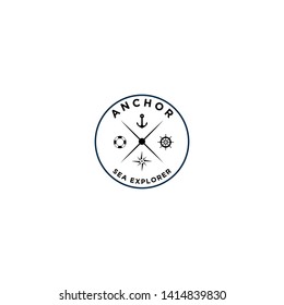 marine retro emblems logo with anchor symbol, ship wheel, ship float tire and sailor compass, anchor logo - vector