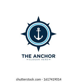 marine retro emblems logo with anchor, rope and ship wheel, anchor logo - vector